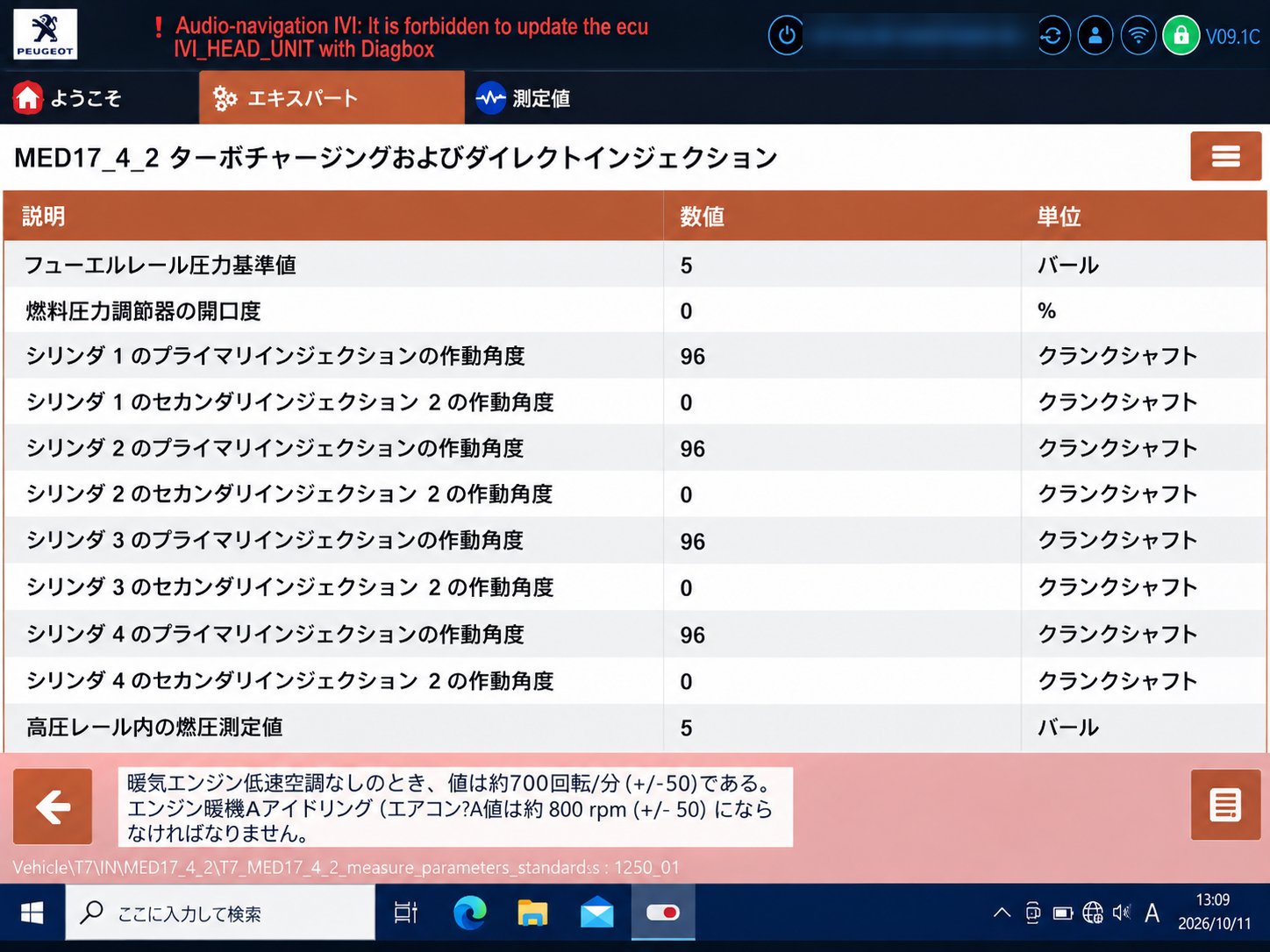 診断機のライブデータ。約3分後に燃圧指示値も5barに下がったフェイルセーフ状態