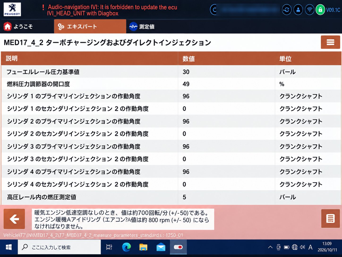 診断機のライブデータ。アイドリング時の燃圧指示値30barに対し実測値5bar
